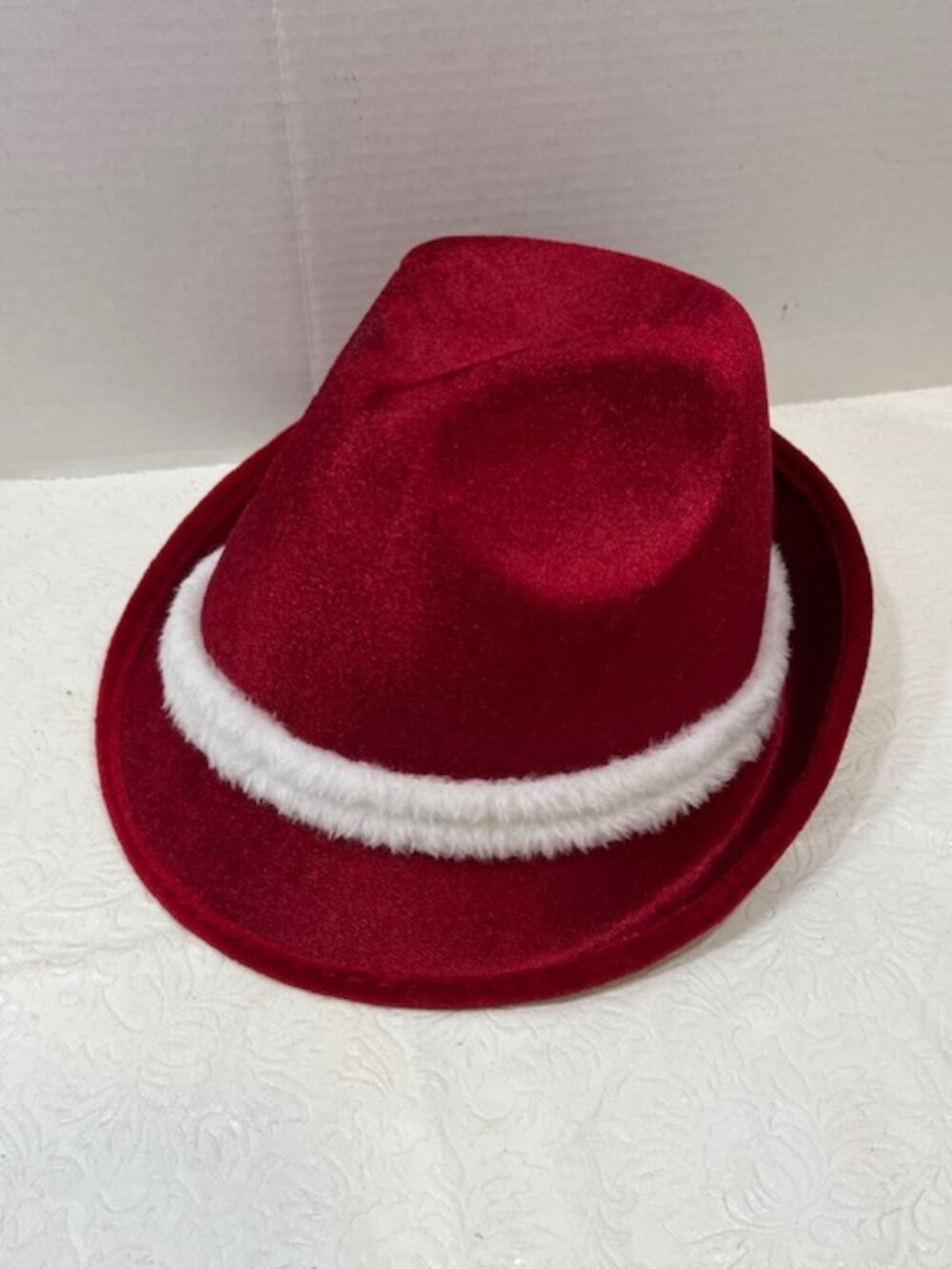Red Felt Christmas Santa Fedora Hat White Faux Fur Band Costume Party Holiday